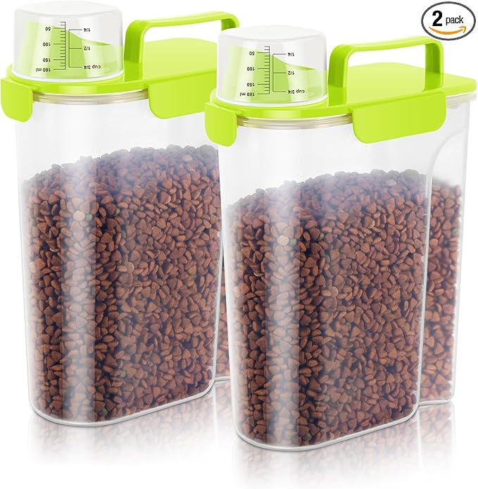 5-7Lbs Cat Dog Storage Container, Portable Pet Food Containers with Upgraded Large Spout and Cup, Small Animal Kibble Dispenser for Bird Seed, Oatmeal, Rice, Flour (2, Bright Green, 5L)