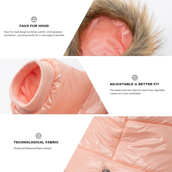 PINA Dog Winter Coat with Faux Fur Hood, Windproof and Warm, Suitable for Small to Large Dogs, Pink, Large