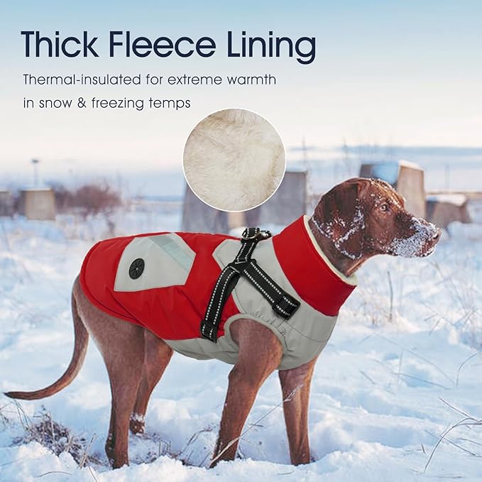 IECOii Dog Coat with Harness Built in - Red, Large - Waterproof Winter Coat, Fleece Lined Snow Jacket for Dogs