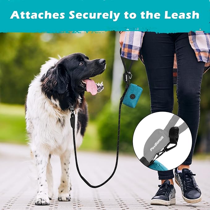 PetBonus Dog Poop Bag Holder, Portable Pet Waste Bag Dispenser, 2 Pouches for Treats and Walking Accessories, Fit All Leashes, Includes 1 Roll of Dog Poop Bags (Lagoon Blue)