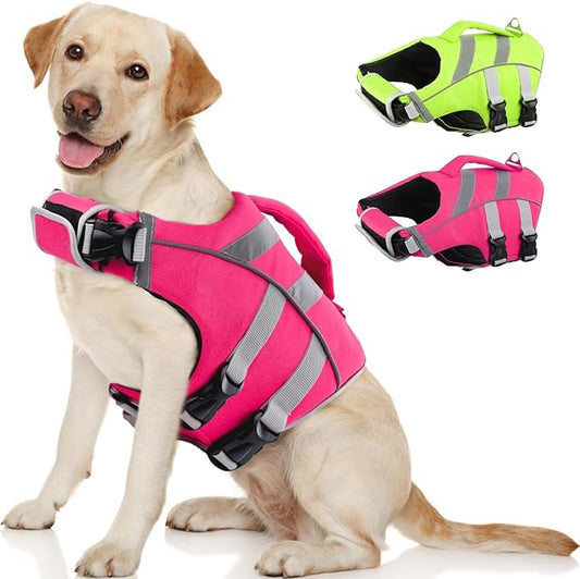 Kuoser Small Dog Life Jacket with Reflective Stripes, Adjustable High Visibility Dog Life Vest for Swimming & Boating, Pink XS