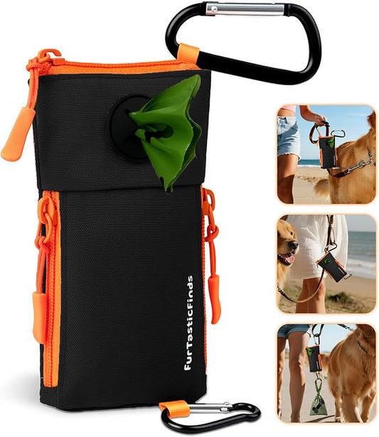 Dog Poop Bag Holder for Leash with 2 Waterproof Storage Pouches, Carabiner Clip, Zipper Soft Dog Pouch for Pet Waste Bags, Dog Walking, Training, Travel (Black)