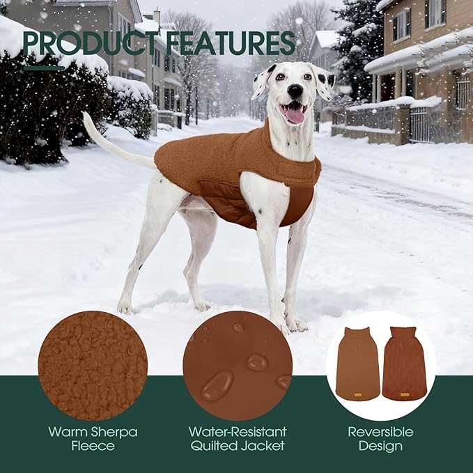 Kuoser Reversible Dog Coat – Warm Fleece & Quilted Waterproof Dog Jacket, Double-Sided Cold Weather Dogs Winter Coat with Harness Hole, Windproof Pet Snow Vest for Small Medium Large Dogs, Brown 3XL