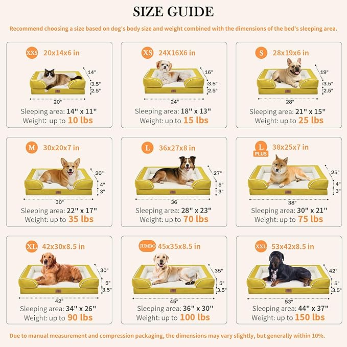 Comfort Expression Orthopedic Dog Bed for Medium Dogs 28x19 Inch, Waterproof Egg Crate Foam Medium Pet Bed with Removable Bolsters, Dog Couch with Washable Cover & Non-Slip Bottom, Spicy Mustard