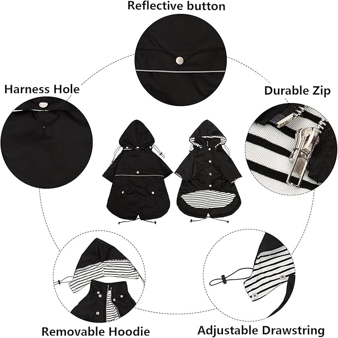 Morezi Dog Zip Up Raincoat with Reflective Buttons, Rain/Water Resistant, Adjustable Drawstring, Removable Hood, Raincoats with Legs 8lbs to 80lbs Available - Black - M