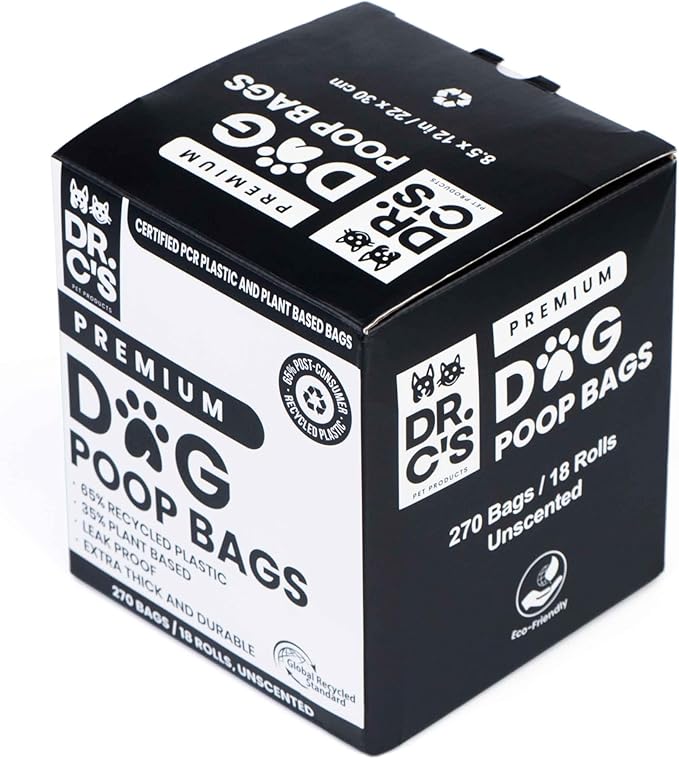 Certified 65% PCR (Post Consumer Recycled) Plastic and 35% Plant Based Dog Poop Bags - Dr. C's ONE OF A KIND Dog Poop Bags - 120 Bags / 8 Rolls, NO NEW PLASTICS USED, Unscented, Earth Friendly