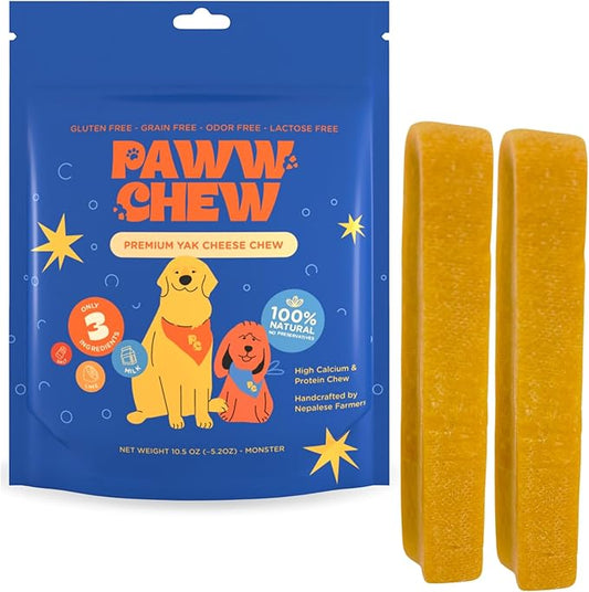 Paww Chew Yak Cheese Himalayan Dog Chews - All Natural Long Lasting Dog Treats, (Monster - 2 Pack) Odorless, High Protein Yak Chew, Great For Oral Health, Only 3 Ingredient Yak Bones for Power-Chewers