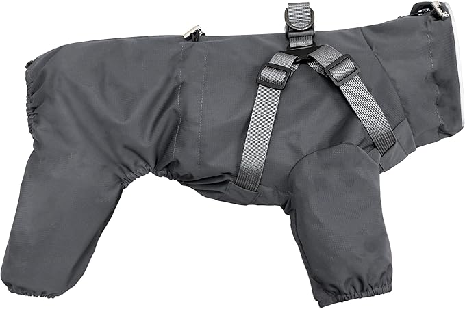 Mile High Life Waterproof Dog Raincoat, Full Coverage Small Dog Rain Coat with Harness, Adjustable 4 Legs Puppy Rain Jacket with Reflective Strip and Elastic Cuffs (Gray, L Back Length 16.1")