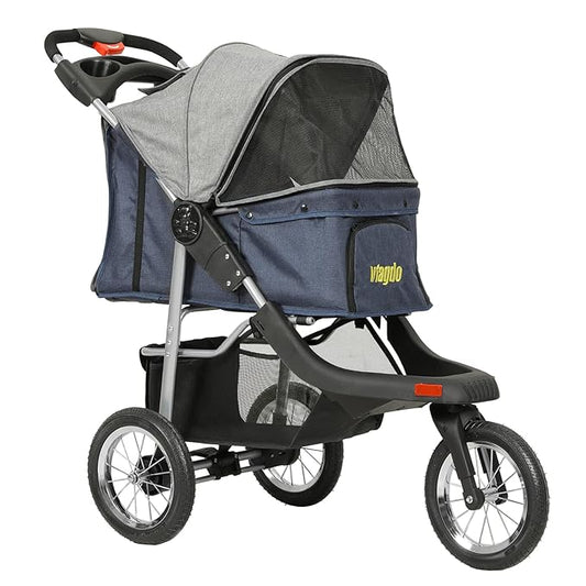 VIAGDO Premium Heavy Duty Dog Stroller for Small Medium Dogs & Cats, 3-Wheel Pet Strollers, Foldable Cat Stroller with Suspension System/Link Brake/One-Hand Fold, Max. Loading 55 LBS