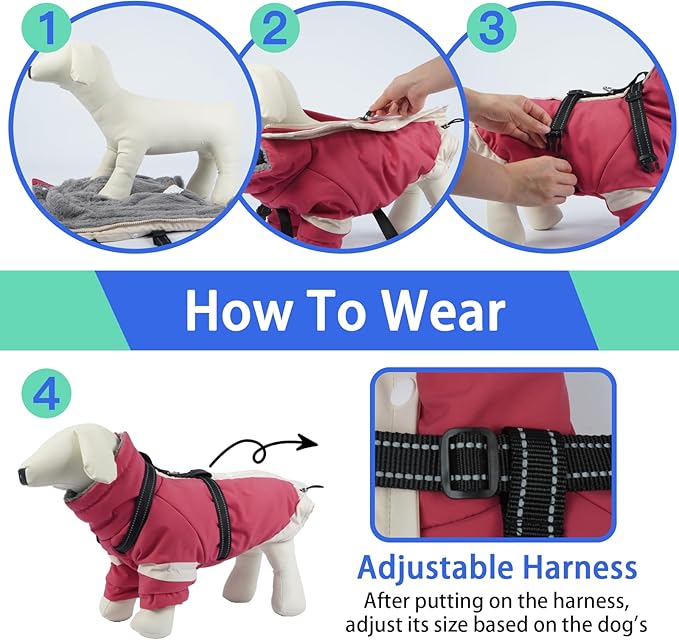 MIGOHI Dog Coat with Harness Built in, 2-in-1 Windproof Dog Winter Jacket, Thermal Reflective Snowsuit with Turtleneck, Back Zipper Fleece Coat for Small Dogs, Yorkshire Terrier, Pink, S