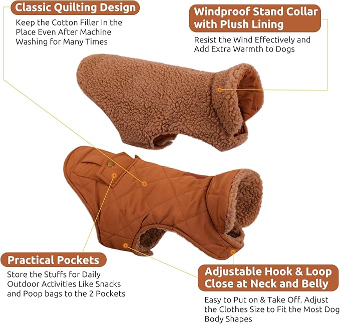 Queenmore Warm Dog Coat, Cold Weather Puffer Jacket with Ultra Thick Plush Lining and Storage Pockets (Brown, Large)
