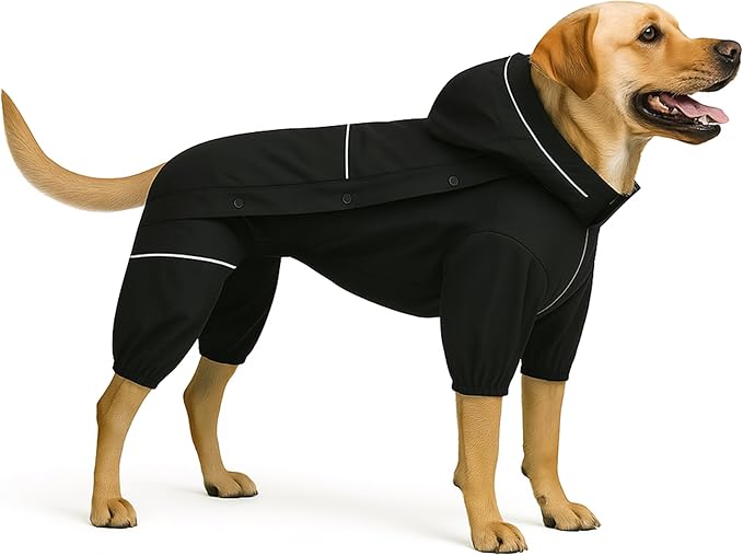 LOVELONGLONG Fleece-Lined Dog Raincoat with Removable Hood – Waterproof Winter Full Body Dog Jacket – Windproof Snowproof Cold-Weather Suit – Black-F 2XL