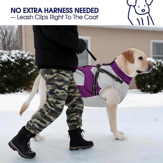 FUAMEY Dog Winter Jackets for Small Dogs,Dog Coat with Harness Built in,Waterproof Dogs Snowsuits Warm Pet Jacket Zip Up Fleece Cold Weather Coats Reflective Puppy Vest with Pocket Purple S
