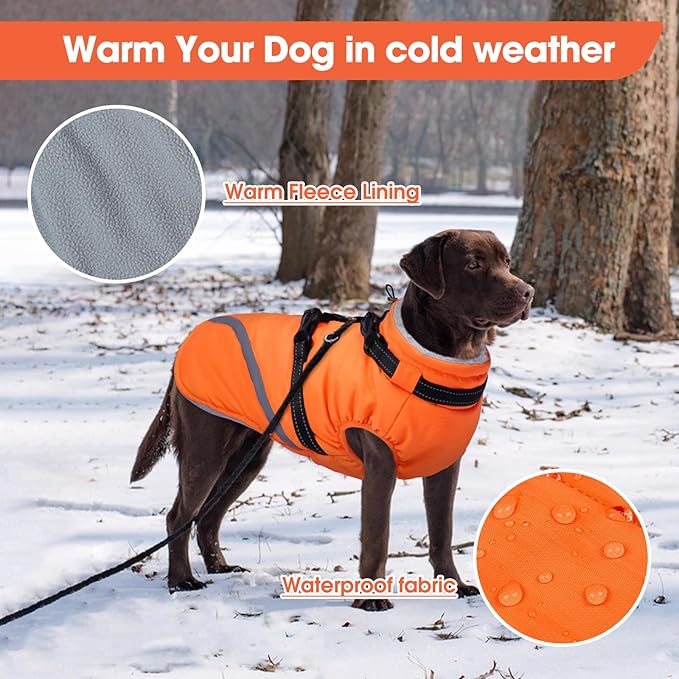 BRKURLEG Dog Winter Jackets for Large Dogs, Dog Coat with Harness Built in, Dogs Snowsuits with Zipper, Waterproof Windproof Pet Puffer Jacket Fleece Vest for Labrador, German Shepherd, Orange XXXL