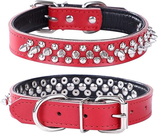 Adjustable Genuine Leather Spiked Studded Dog Collars for Small Medium Large Pets Like Pit Bull Bulldog Pugs Husky (L, Red)