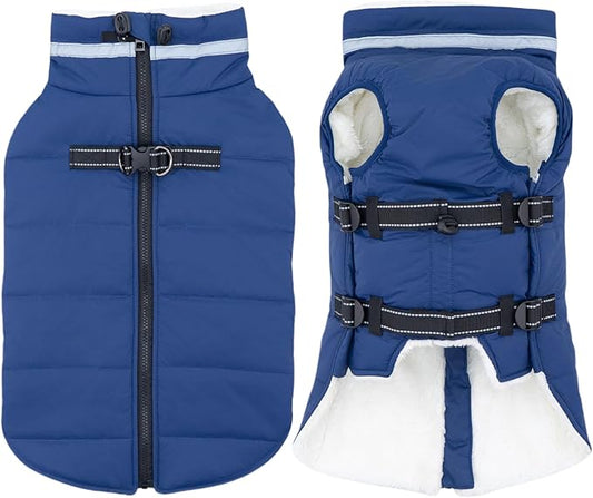 Large Dog Coat with Harness Built-in, Waterproof Reflective Fleece Lined - Warm Windproof Winter Jacket with Back Zipper, Cold Weather Snow Dog Coats - Blue - 3XL