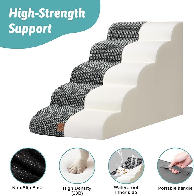 Extra Wide Dog Stairs 19.7" Width, Large Pet Step for Small Medium Dog, Puppy or Cat, Ramp for High Bed or Car, High Density Foam Ladder, Stable, 5 Step, 19.7x33x22.4 in, Charcoal Grey