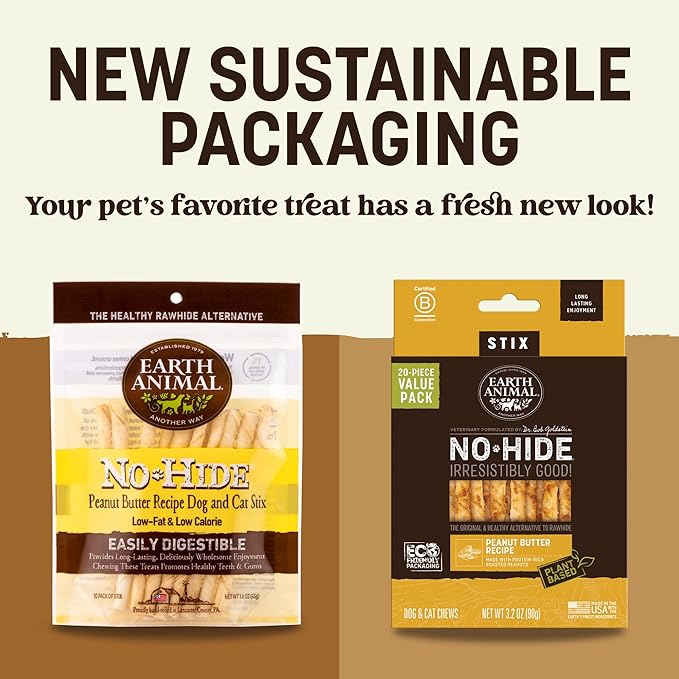 Earth Animal No Hide Stix - Long Lasting Rawhide Free Small Dog Chews Sticks, Peanut Butter - 20 Count Value Pack