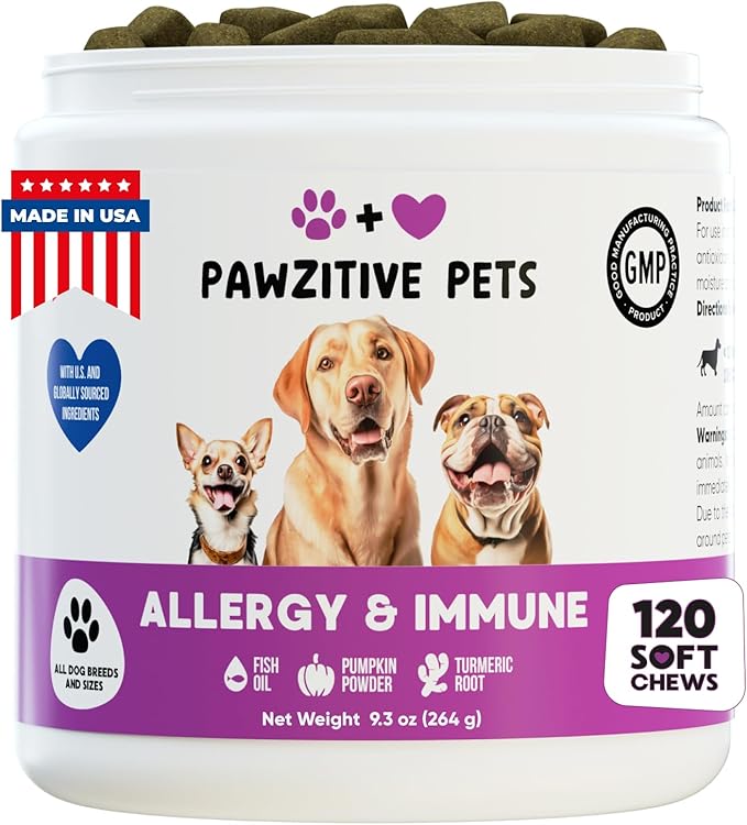 Dog Allergy Relief Chews - Omega 3 Fish Oil Skin & Coat - Itchy Skin Support Supplement - Anti Itch Immune Treats - Seasonal and Food Allergy Chews for Shedding, Hot Spot, Ears