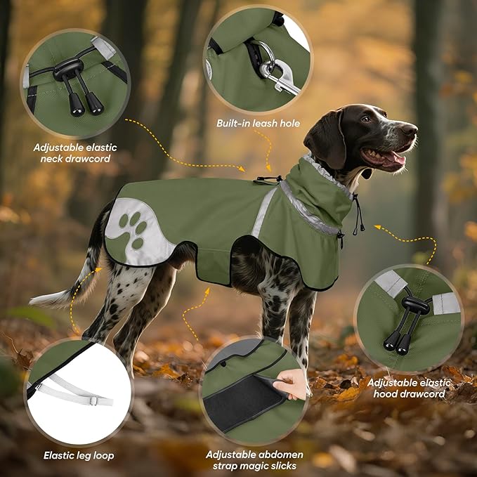 Dog Raincoat for Medium Dogs,Dog Rain Jacket Waterproof,for Adventures, Walking, Hunting（M,Dark Green）