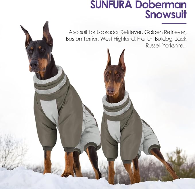SUNFURA Full Body Dog Coat - Warm Fleece Jacket for Extra Large Dogs, Turtleneck Winter Coats with Harness, Reflective Dog Snowsuit Windproof Puffer Jackets with Legs for Great Dane, Army Green 3XL