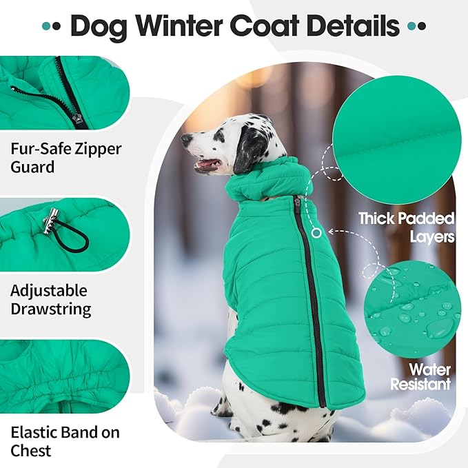 Dog Coat for Large Dogs, Dogs Snow Jacket with Back Zipper, Winter Warm Dog Puffer Vest with Detachable Neck Wrap, Winter Pet Clothes Elastic Band on Chest for Springer, Dalmatian, Green L