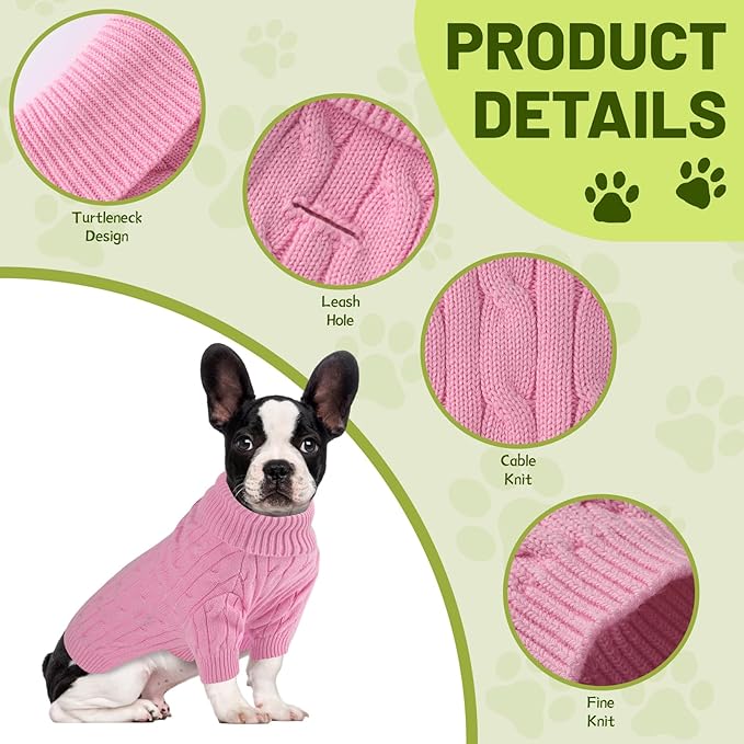 Small Dog Thermal Pullover Sweater, Classic Turtleneck Cable Knitwear Dog Clothes for Cold Weather Warm Pet Clothes for Chihuahua, Bulldog, Dachshund, Pug Pink X-Large