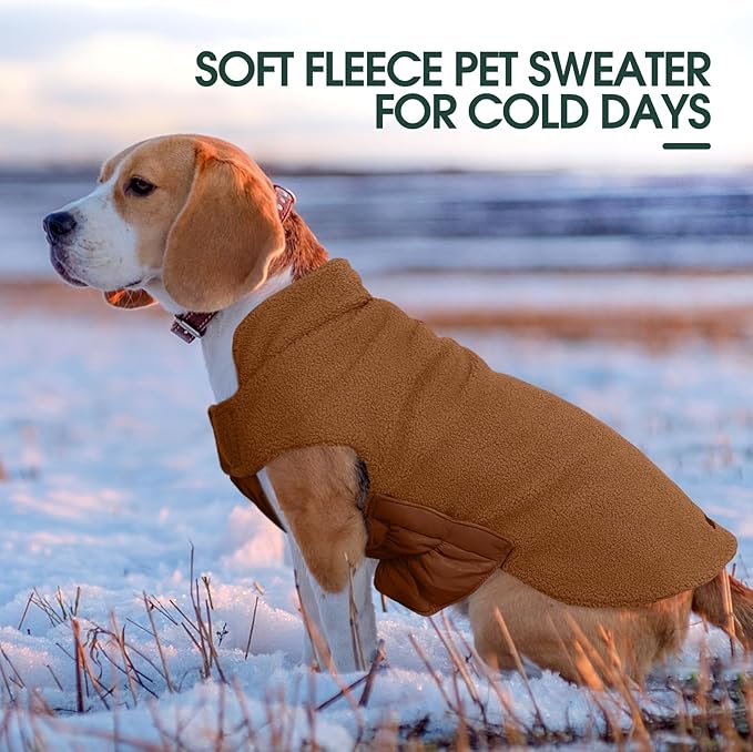 Kuoser Reversible Dog Coat – Warm Fleece & Quilted Waterproof Dog Jacket, Double-Sided Cold Weather Dogs Winter Coat with Harness Hole, Windproof Pet Snow Vest for Small Medium Large Dogs, Brown 3XL