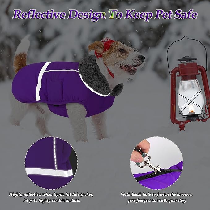 Dogcheer Warm Dog Coat, Christmas Dog Jacket Waterproof Puppy Winter Coat with Buckles, Reflective Adjustable Pet Snow Jacket Turtleneck Fleece Sweater for Small Medium Large Dogs - Purple, S