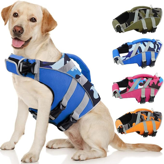 Kuoser Dog Life Jacket with Reflective Stripes - Adjustable High Visibility Vest, Ripstop Lifesaver, Pet Preserver with High Flotation Swimsuit for Small, Medium and Large Dogs