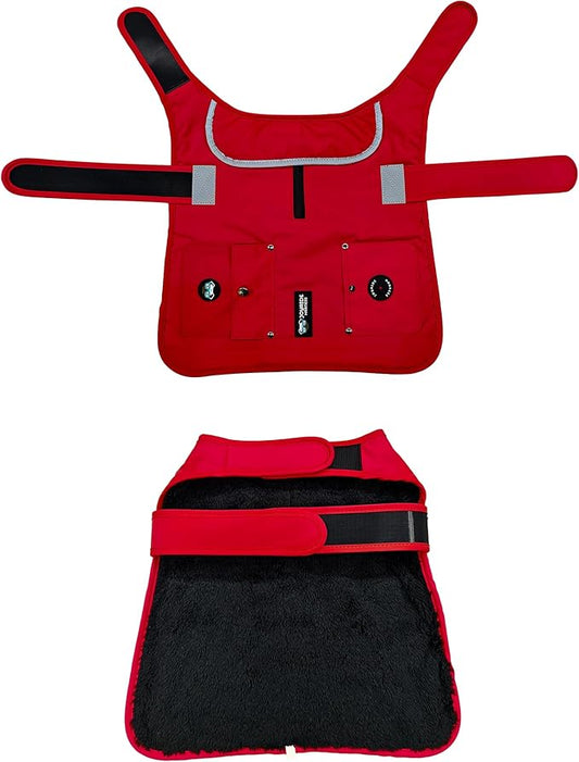 Joyride Harness FrostFlex Dog Winter Jacket - Fleece Lined & Water-Resistant - Snowsuit with Pockets for Treats & Poop Bags - Durable Cold Weather Dog Coat - Red Rush-XS