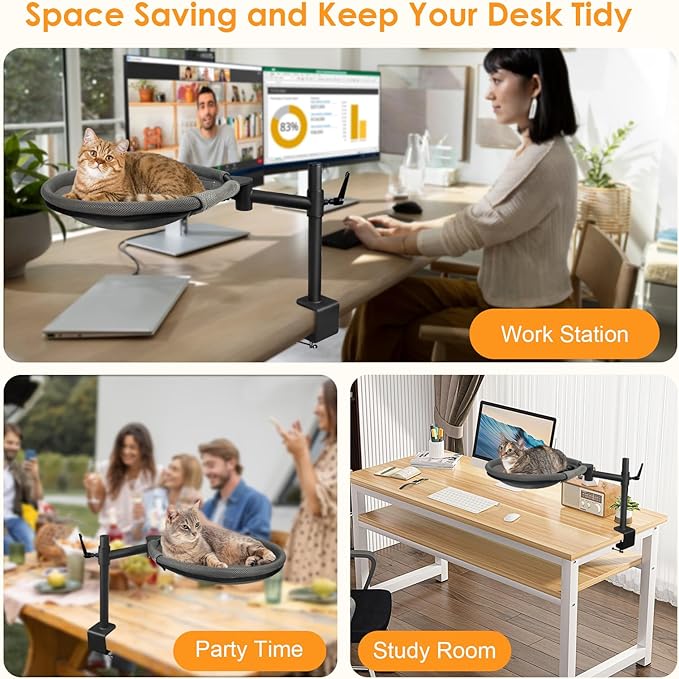 Cat Desk Bed, 360° Rotating & Height Adjustable Cat Desk Perch, Elevated Breathable Cats Nest Perch with Removable Washable Cover for Indoor Kitten Cats-Maximum Hold Up to 40lb