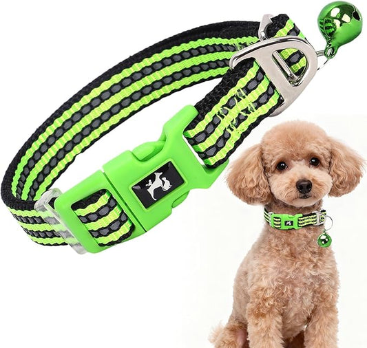 Small Dog Collar with Bell Reflective - Adjustable Tiny XS XXS Breed Collar for Girl Boy Chihuahua Puppies, Night Walk Safety Accessory（Green S）