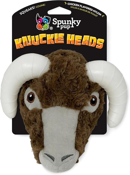 Spunky pup Knucklehead Durable Dog Toy - 2-in-1 Plush & Chew Toy for Aggressive Chewers, Chicken-Flavored Dental Chew, Durable Double-Stitched Squeaker- Ram
