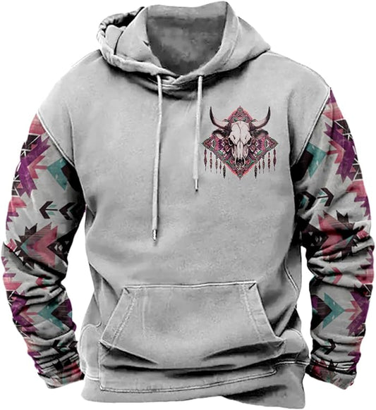 HOTYD Mens Western Aztec Sweatshirts Long Sleeve Fall Fashion Drawstring Pullover Vintage Graphic Cowboy Hoodie for Men