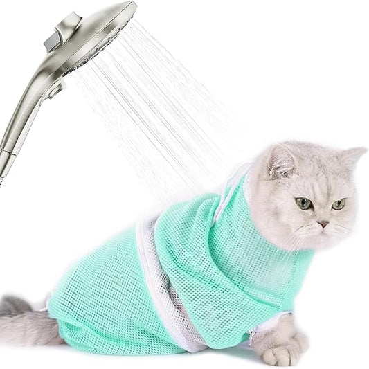 Cat Shower Bag with Removable Hood - Green Mesh Cat Bathing Bag for Stress-Free Bath, Nail Clipping & Grooming, Comfortable Cat Washing Bag