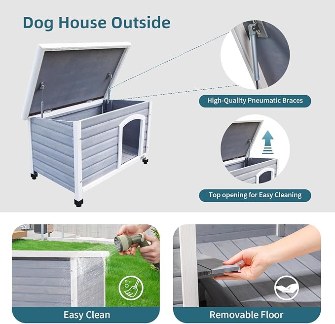 Petsfit Large Dog House, Wooden Outdoor Dog Kennel w/Hinged Roof, Weatherproof Dog Houses for Medium Dogs Outside w/Adjustable Foot Pads, 40.8" L X 26" W X 27.6" H, Grey