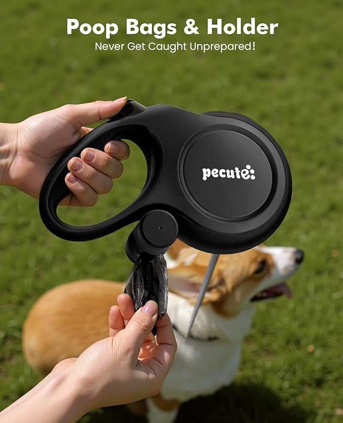 26ft Retractable Dog Leash with Chew Proof Extender, 2025 Upgraded Heavy Duty Retractable Pet Leash with Poop Bag Holder, Anti-Slip Grip, Reflective Leashes for Medium Large Dogs up to 110 lbs(Black)