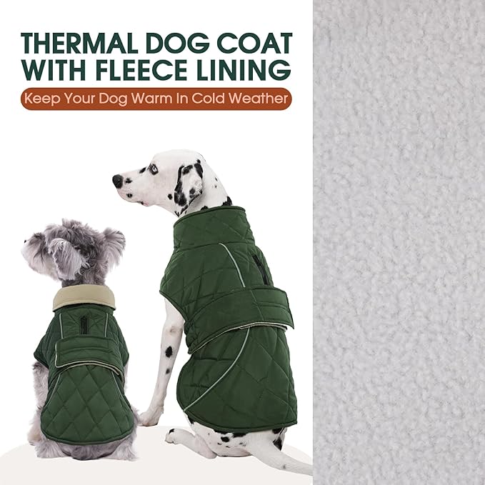 Kuoser Super-Warm Dog Jacket, Windproof Fleece Lined Turtleneck Dog Snowsuit with Reflective Strips, Soft & Adjustable Quilted Puppy Winter Coat Pet Christmas Clothes, Green 3XL