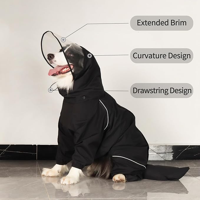 Dog Raincoat for Medium Large Dogs,rain Jacket Coat, Full Leg Coverage Waterproof Rain Suit with Detachable Hood & Tail, Reflective Strips, Snag-Free Top Zipper (Black for Boy, X-Large)