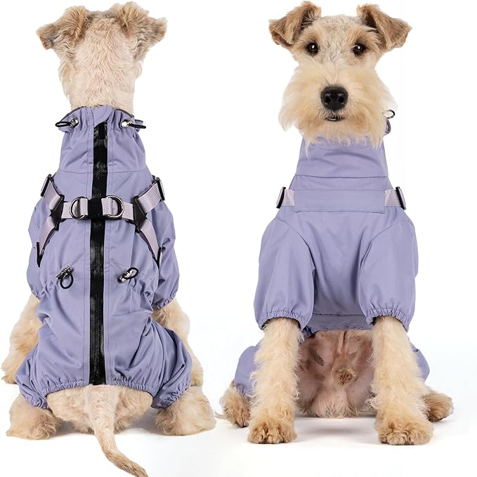 Mile High Life Waterproof Dog Raincoat, Full Coverage Small Dog Rain Coat with Harness, Adjustable 4 Legs Puppy Rain Jacket with Reflective Strip and Elastic Cuffs (Purple, L Back Length 16.1")