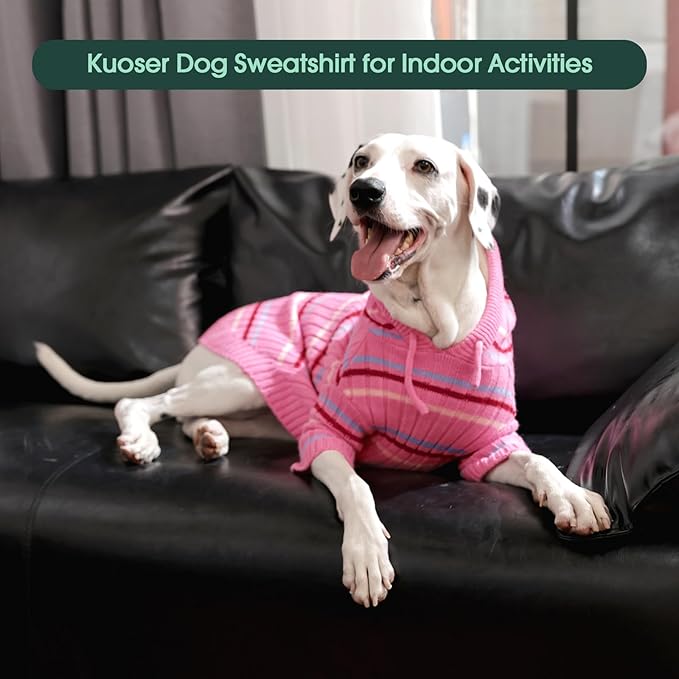 Kuoser XL Dog Sweater, Dog Sweaters for Large Dogs, Girl Boy Christmas Sweater, Striped Knitwear Big Dogs Winter Clothes, Cold Weather Warm Pet Sweatshirt for Golden Retriever, Labrador, Pink XL