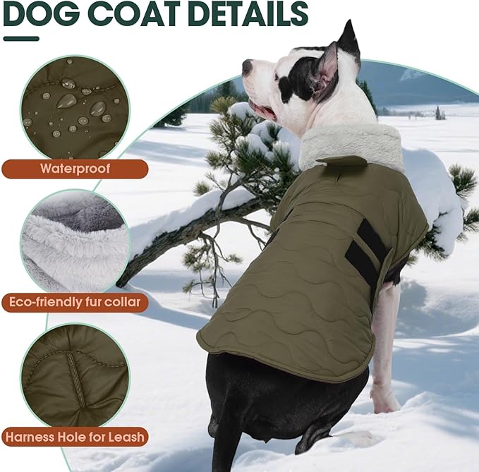 Kuoser Dog Jackets for Small Dogs, Warm Dog Coat with Leash Hole, Winter Jacket Pet Clothes for Cold Weather, Waterproof Doggie Winter Vest for Pug Dachshund, Green S