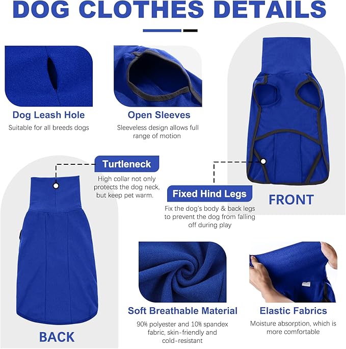 ROZKITCH Fleece Dog Sweaters for Small Dogs Male Female, Pet Windproof Warm Cold Weather Jacket Vest Cozy Jumpsuit Apparel Outfit Clothes for Walking Hiking Travel Sleep Blue XXS