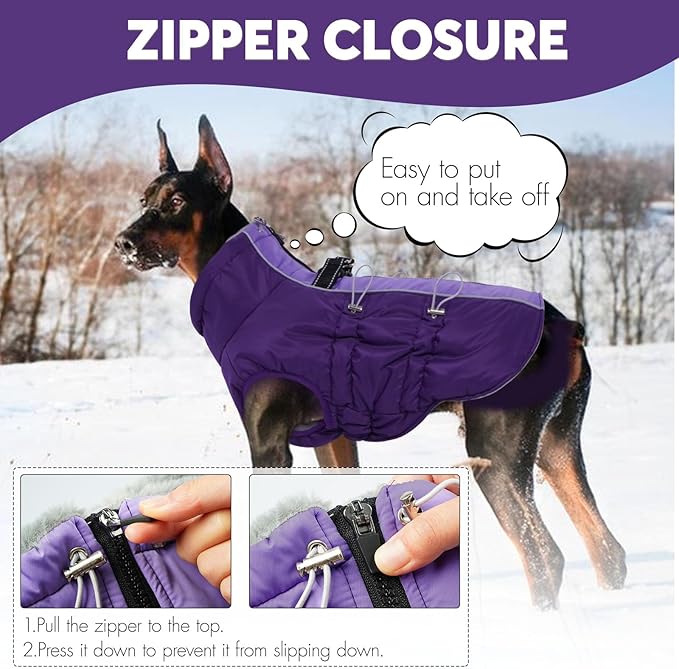 IDOMIK Warm Dog Coat with Harness, Waterproof Reflective Dog Jackets for Small Medium Large Dogs, Fleece High Collar Winter Jacket with Zipper, Pet Winter Snowsuit Clothes for Cold Weather,Purple 2XL