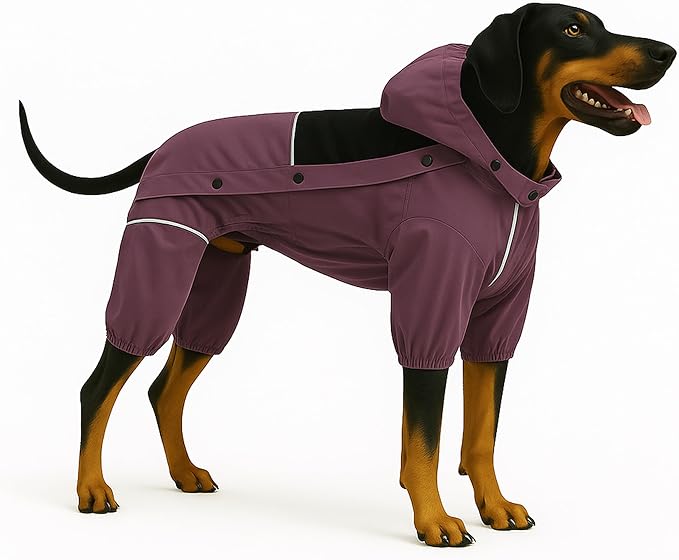 LOVELONGLONG Waterproof Dog Raincoat with Removable Hood – Outdoor Full Body Dog Jacket, Windproof Snowproof Shell Suit – All Season Pet Rain Gear Plum Purple 3XL