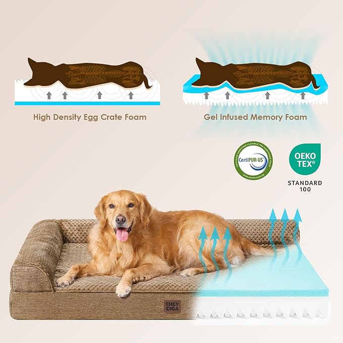 EHEYCIGA Memory Foam Dog Bed XXL, Giant Dog Bed Orthopedic with Washable Removable Cover, Waterproof Pet Bed Couch for Jumbo Dogs, 48x36x7 Inches, Camel