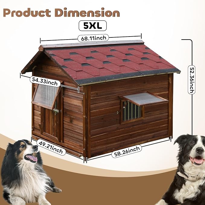 Extra Large Dog House Outdoor Outside Insulated Dog Kennel Weatherproof Pine Wood Pets Home with Elevated Floor,Lockable Door,Adjust Windows,Easy to Clean for Medium Large Dogs