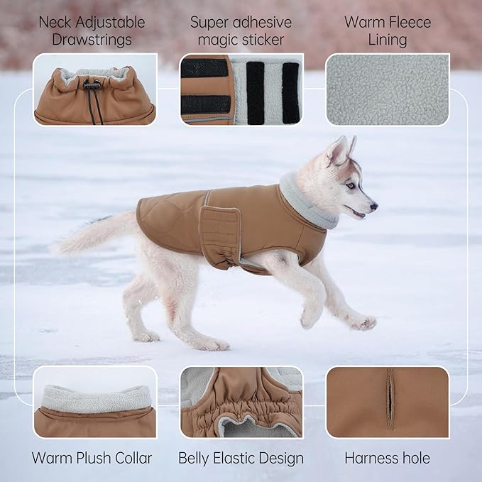 BRKURLEG Dog Winter Coat, Warm Dog Jackets for Small and Medium Large Dogs, Reflective Adjustable Pet Cold Weather Coats, Waterproof Windproof Dogs Snow Jacket Clothes Warm Vest (XXXL, Khaki)