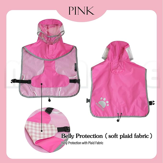 MAMORE Dog Raincoat Hooded Rain Jacket for Small Medium Large Dogs Slicker Poncho Bottom Waterproof Adjustable Reflective Breathable Leash Hole (Pink, XX-Large)